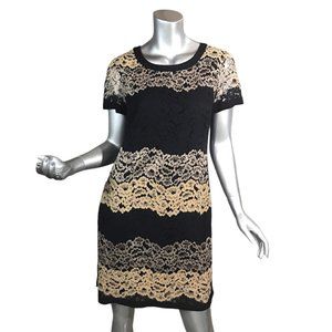 Donna Morgan Women's Size 8 Medium Lace Dress Lined Gold Black Beige Striped Pat